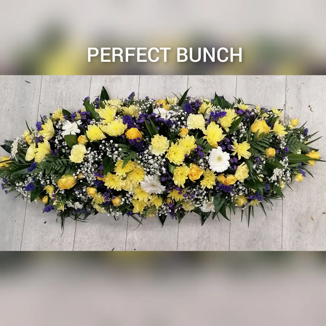 Coffin spray yellow purple and white