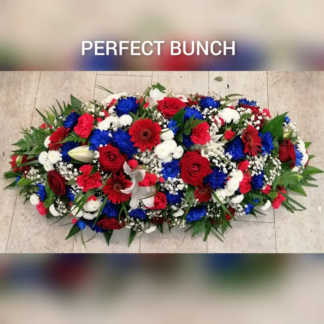 Coffin spray red blue and white
