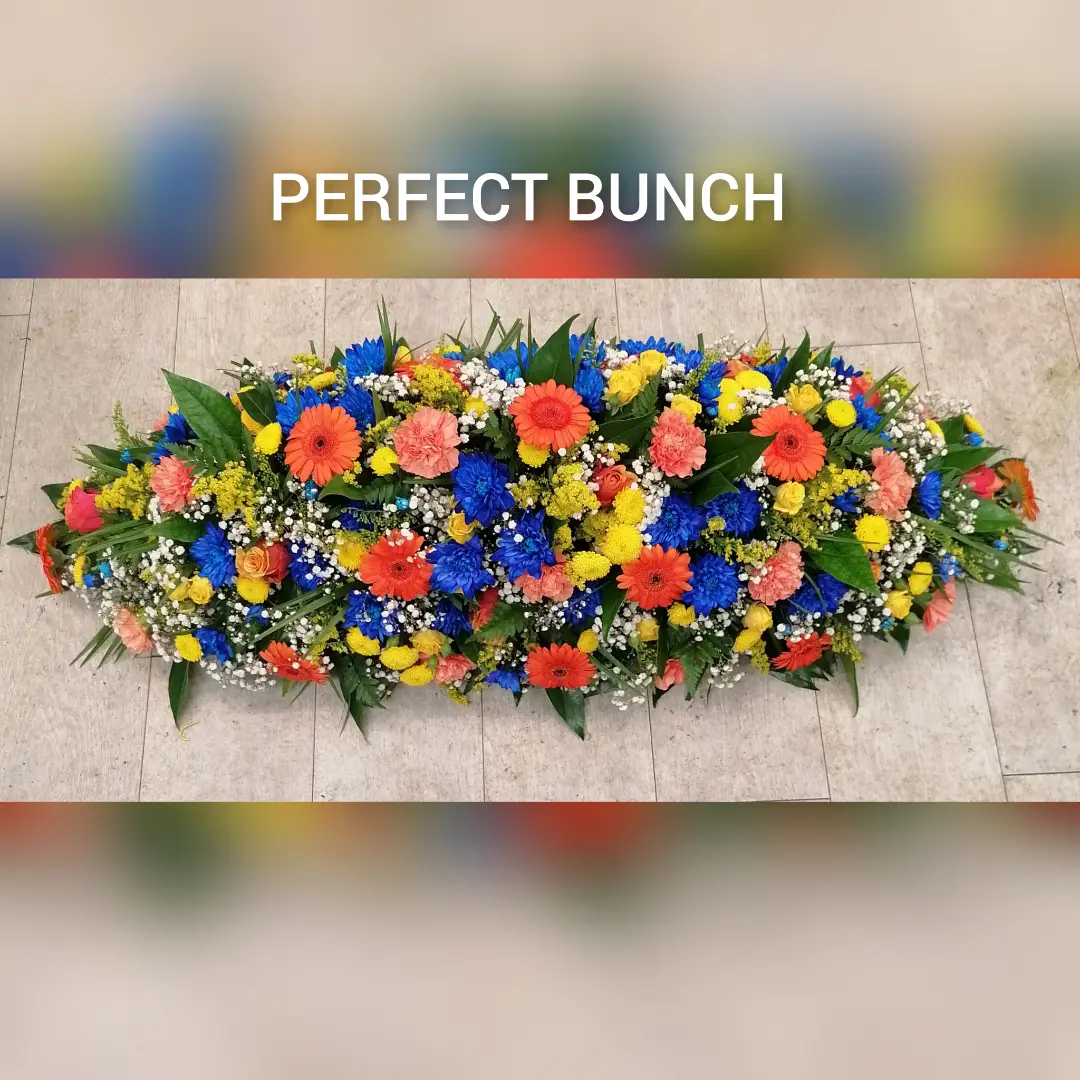 Coffin spray orange yellow blue and white